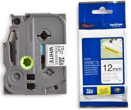 Brother TZ Cinta Laminada Blanca Brillante Negra 12 mm x 8 m