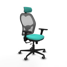 Silla de oficina Jorquera con mecanismo Sincro/Traslack tapizada con Similpiel color Turquesa y malla color Gris. Equipada con lumbar 1D, Brazos 3D, Cabecero 2D y Ruedas 65 mm parqué