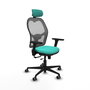 Silla de oficina Jorquera con mecanismo Sincro/Traslack tapizada con Similpiel color Turquesa y malla color Gris. Equipada con lumbar 1D, Brazos 3D, Cabecero 2D y Ruedas 65 mm parqué