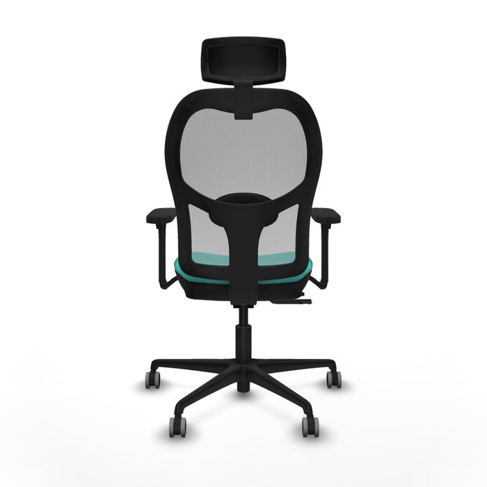 Silla de oficina Jorquera con mecanismo Sincro/Traslack tapizada con Similpiel color Turquesa y malla color Gris. Equipada con lumbar 1D, Brazos 3D, Cabecero 2D y Ruedas 65 mm parqué