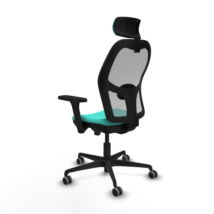 Silla de oficina Jorquera con mecanismo Sincro/Traslack tapizada con Similpiel color Turquesa y malla color Gris. Equipada con lumbar 1D, Brazos 3D, Cabecero 2D y Ruedas 65 mm parqué