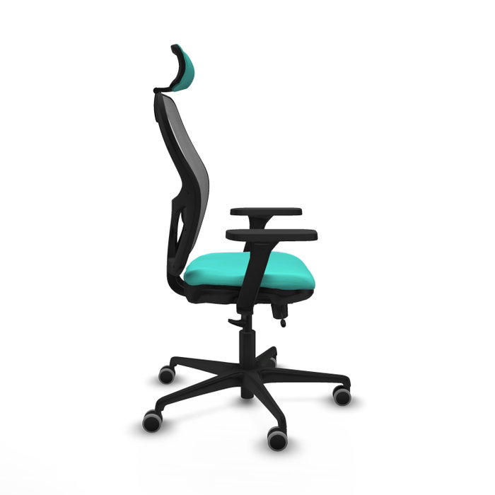 Silla de oficina Jorquera con mecanismo Sincro/Traslack tapizada con Similpiel color Turquesa y malla color Gris. Equipada con lumbar 1D, Brazos 3D, Cabecero 2D y Ruedas 65 mm parqué