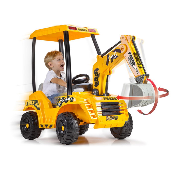 Feber Super Digger 8/12320 - Excavadora Eléctrica 12V para Niños +3 Años, con Batería, Movimiento Realista de Pala y Brazo, Volante, Dimensiones 164x68x108 cm (Largo x Ancho x Alto)