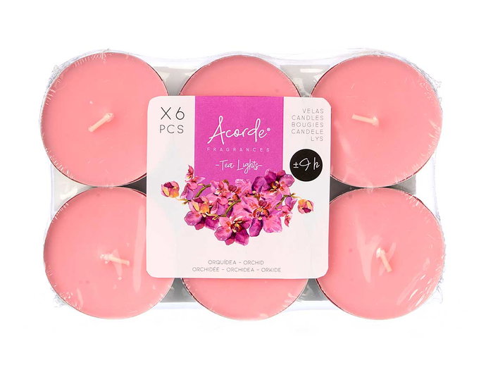 Acorde Set 6 Velas Tea Light Maxi 9 H Orquidea 17.5x2.2x11.8 cm Cera Rosa (Set de 24)