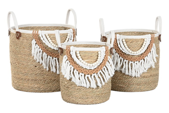 DKD Home Decor Set de 3 Cestas de Fibra y Algodón Natural/Blanco 40x40x47 cm DKD Home Decor Set de 3 Cestas de Fibra y Algodón Natural/Blanco 40x40x47 cm