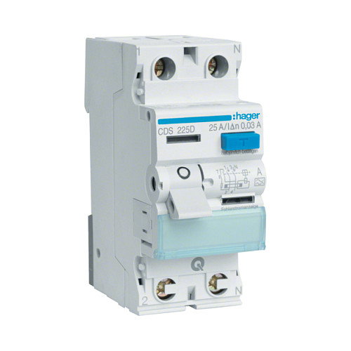 Hager CDS225D Interruptor diferencial 2 polos 25A 6kA 30mA Tipo A QuickConnect Hager CDS225D Interruptor diferencial 2 polos 25A 6kA 30mA Tipo A QuickConnect