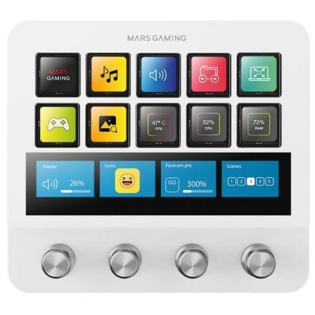 Mars Gaming Control Deck MSD-PRO con 10 Teclas LCD y 4 Diales Personalizables, Pantalla Táctil Extendida, Hub USB, Blanco