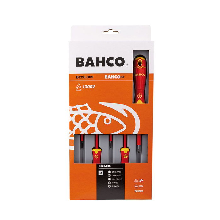 Bahco Juego de Destornilladores Bahcofit Aislados VDE, 5 Piezas (Ranurados y Phillips 3x100, 4x100, 5.5x125, PH1x80, PH2x100)