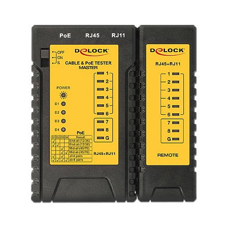 DeLOCK 86107 Tester de Cable RJ45 RJ12 PoE IEEE 802.3af/at con Indicadores LED para Red, 9V, Negro/Amarillo, 96x104x27 mm