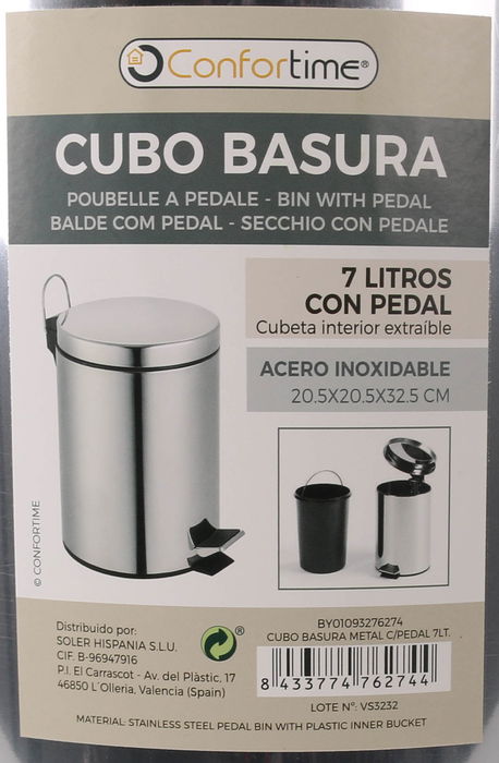 Confortime Cubo de Basura de Metal con Pedal de Apertura, 7 Litros, Color Plata, Dimensiones 20 x 26 x 30.1 cm (6 Unidades) Confortime Cubo de Basura de Metal con Pedal de Apertura, 7 Litros, Color Plata, Dimensiones 20 x 26 x 30.1 cm (6 Unidades)