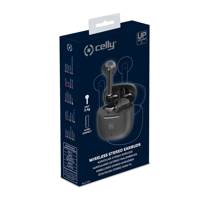 Celly BUZ2 Auriculares True Wireless Intraurales para Llamadas y Música, Negro, Bluetooth 5.3, Conexión USB Tipo C, Autonomía 4h
