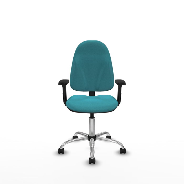 Silla de oficina Algarra con mecanismo Contacto permanente básico tapizada con Tela color Turquesa. Equipada con Base cromada, Brazos 2D y Ruedas autofrenantes