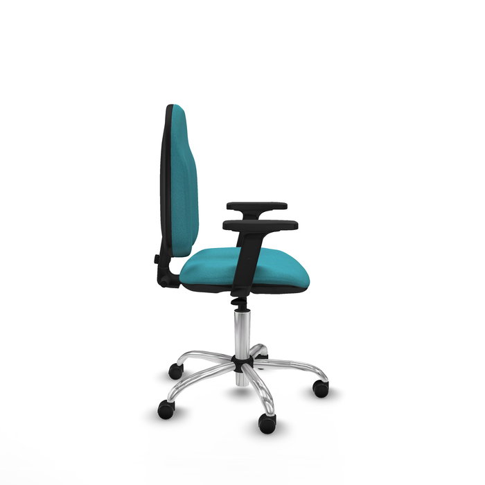 Silla de oficina Algarra con mecanismo Contacto permanente básico tapizada con Tela color Turquesa. Equipada con Base cromada, Brazos 2D y Ruedas autofrenantes