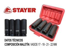 STAYER Set de 4 Llaves de Vaso Largas 1/2 (17-19-21-22x81.5mm)