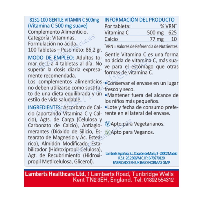 Lamberts Gentle Vitamina C 500 mg (No ácida) Lamberts Gentle Vitamina C 500 mg (No ácida)