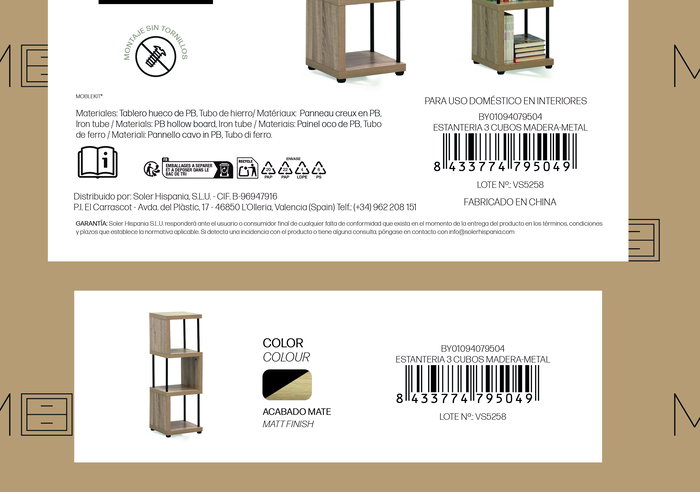 Inde Estantería 3 Cubos de Madera y Metal - Mueble Modular con Estructura 90 x 30 x 30 cm (2 Unidades)