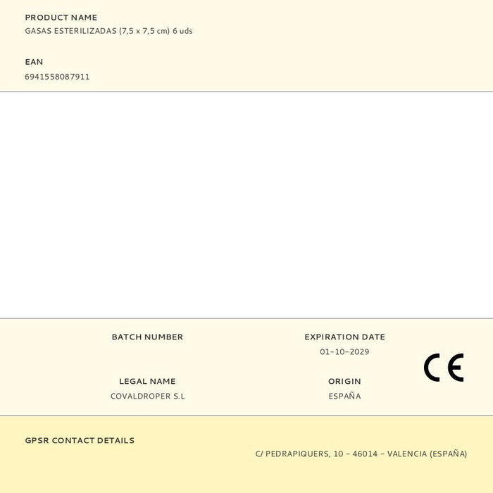 Cosmoplast Gasas Esterilizadas (7,5 x 7,5 cm) 6 uds Algodón Puro Blanco Absorbentes Permeables