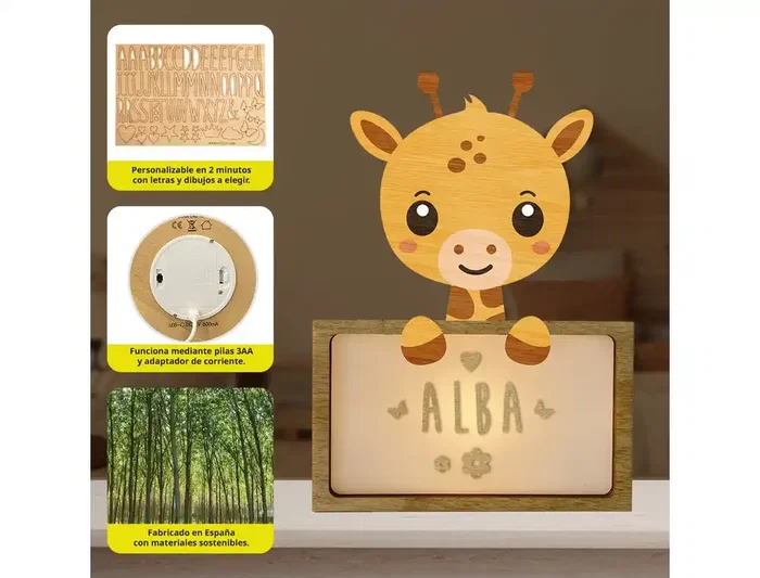 Wondee Lámpara Infantil Personalizable Jirafa Little Giraffe de Madera Sostenible, Luz Nocturna Quitamiedos Bebé