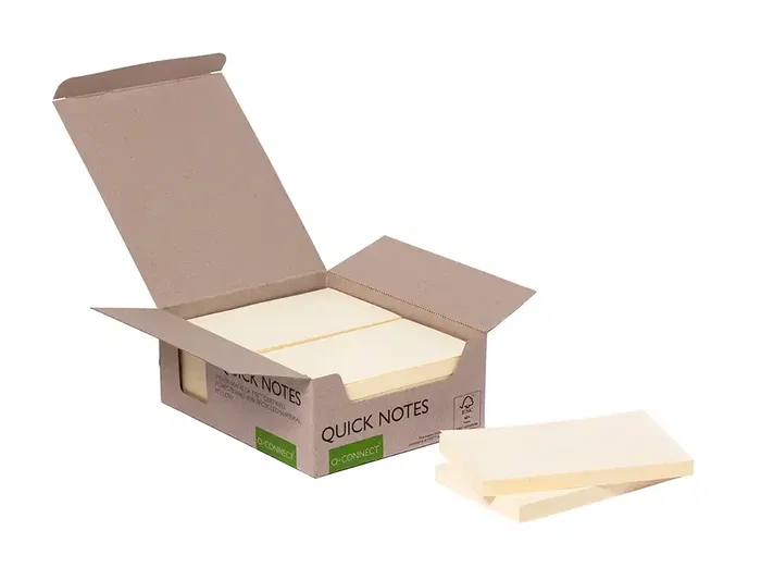 Q-connect Bloc de notas adhesivas quita y pon, 76x127 mm, 100 hojas, Amarillo, 100% Papel Reciclado