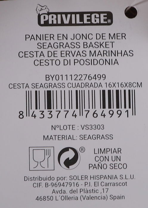 Privilege Cesta Seagrass Cuadrada 17.5 x 17.5 x 7.7 cm (24 Unidades)