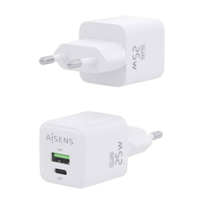 Aisens Cargador de Pared GaN 25W con USB-C PD3.0 y USB-A QC3.0 Blanco Aisens Cargador de Pared GaN 25W con USB-C PD3.0 y USB-A QC3.0 Blanco