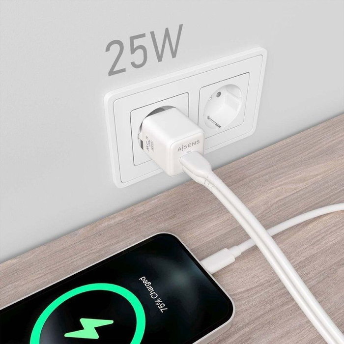 Aisens Cargador de Pared GaN 25W con USB-C PD3.0 y USB-A QC3.0 Blanco Aisens Cargador de Pared GaN 25W con USB-C PD3.0 y USB-A QC3.0 Blanco