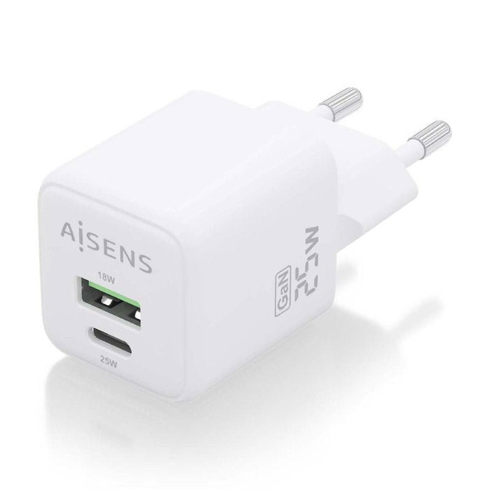Aisens Cargador de Pared GaN 25W con USB-C PD3.0 y USB-A QC3.0 Blanco Aisens Cargador de Pared GaN 25W con USB-C PD3.0 y USB-A QC3.0 Blanco