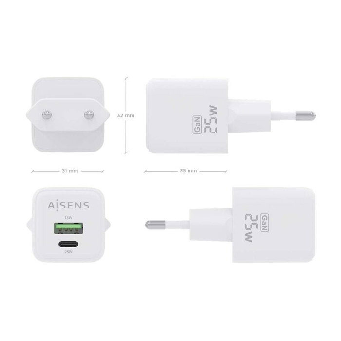Aisens Cargador de Pared GaN 25W con USB-C PD3.0 y USB-A QC3.0 Blanco Aisens Cargador de Pared GaN 25W con USB-C PD3.0 y USB-A QC3.0 Blanco