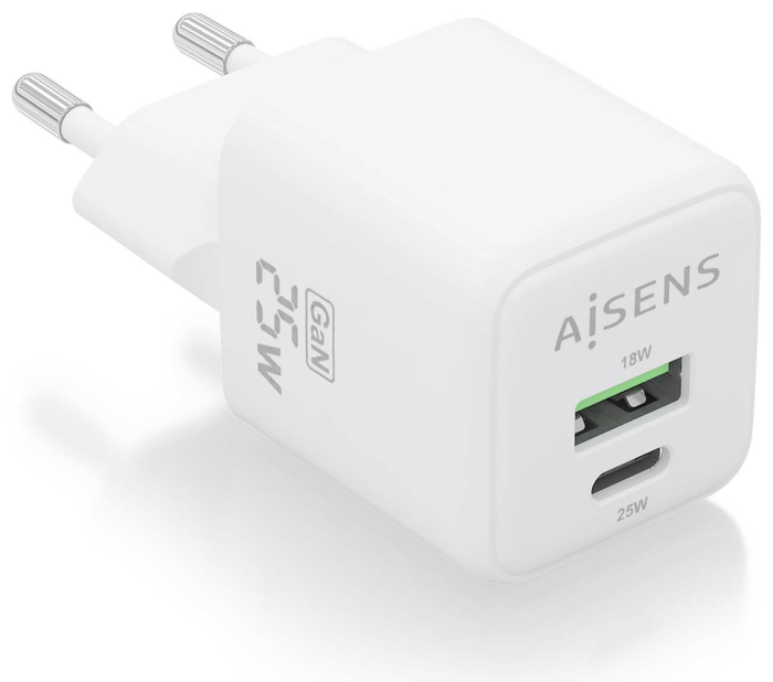 Aisens Cargador de Pared GaN 25W con USB-C PD3.0 y USB-A QC3.0 Blanco Aisens Cargador de Pared GaN 25W con USB-C PD3.0 y USB-A QC3.0 Blanco