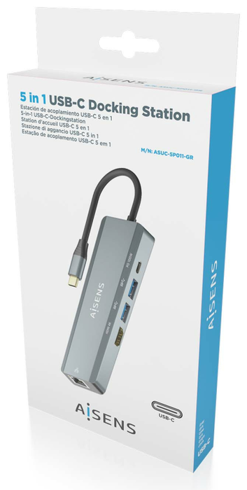 Aisens USB-C Dock 5 en 1 con HDMI 4K, RJ45, 2x USB y USB-C PD - Gris