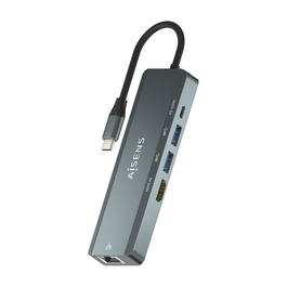 AISENS ASUC-5P011-GR Base para Portátil y Replicador de Puertos USB-C, HDMI, Ethernet, 2xUSB-A, 100W PD Gris