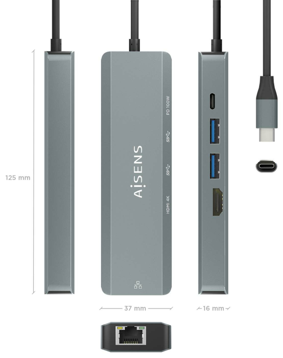 Aisens USB-C Dock 5 en 1 con HDMI 4K, RJ45, 2x USB y USB-C PD - Gris