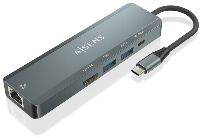 Aisens USB-C Dock 5 en 1 con HDMI 4K, RJ45, 2x USB y USB-C PD - Gris