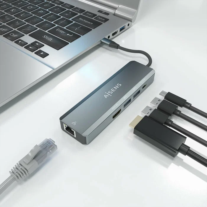 Aisens USB-C Dock 5 en 1 con HDMI 4K, RJ45, 2x USB y USB-C PD - Gris