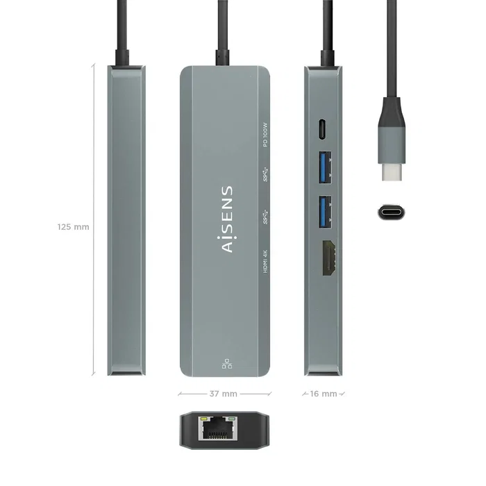 Aisens USB-C Dock 5 en 1 con HDMI 4K, RJ45, 2x USB y USB-C PD - Gris