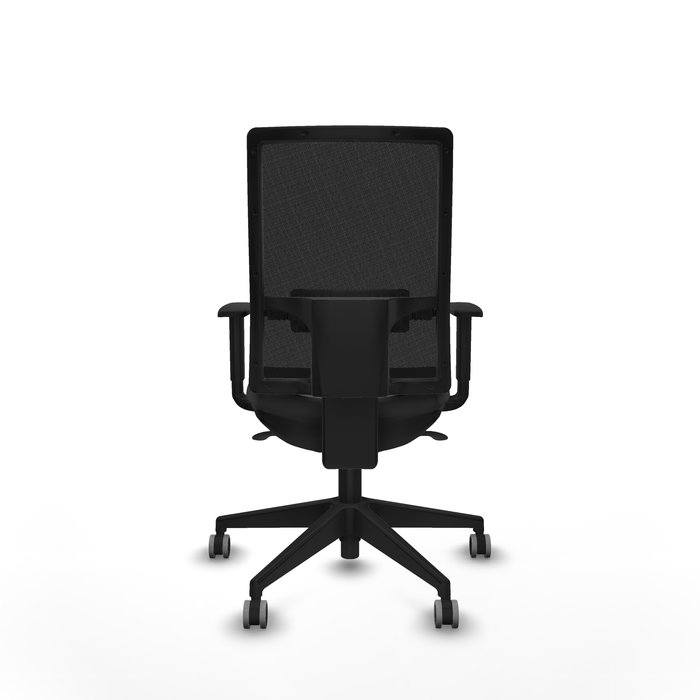Silla de oficina Horna con mecanismo Sincro tapizada con Similpiel color Gris oscuro y malla color Negro. Equipada con lumbar 1D, Brazos 1D y Ruedas 65 mm parqué