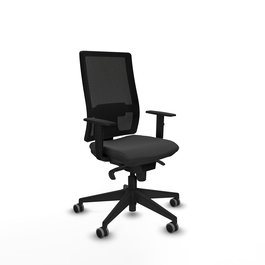 Silla de oficina Horna con mecanismo Sincro tapizada con Similpiel color Gris oscuro y malla color Negro. Equipada con lumbar 1D, Brazos 1D y Ruedas 65 mm parqué