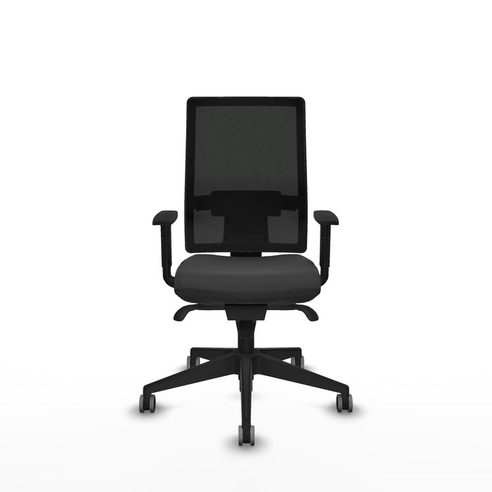 Silla de oficina Horna con mecanismo Sincro tapizada con Similpiel color Gris oscuro y malla color Negro. Equipada con lumbar 1D, Brazos 1D y Ruedas 65 mm parqué