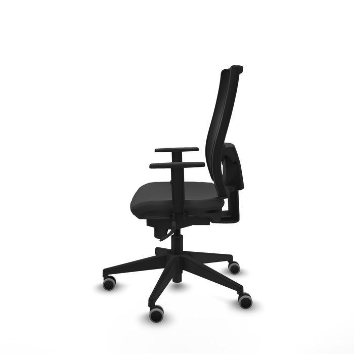 Silla de oficina Horna con mecanismo Sincro tapizada con Similpiel color Gris oscuro y malla color Negro. Equipada con lumbar 1D, Brazos 1D y Ruedas 65 mm parqué
