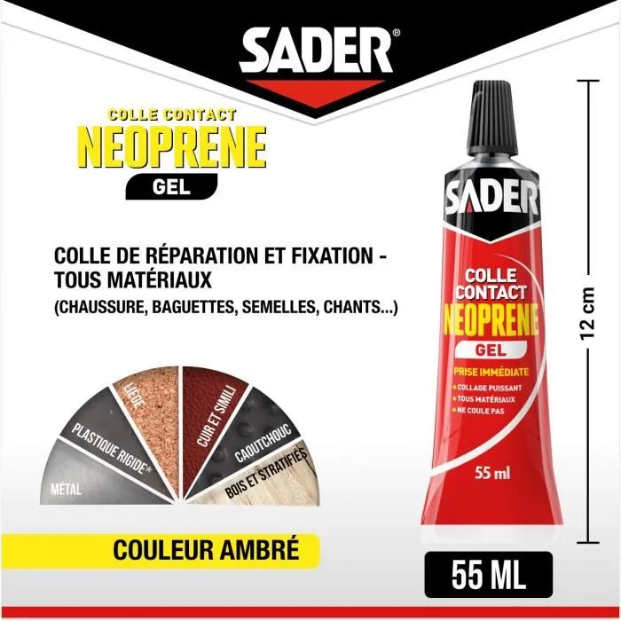 Sader Tubo Adhesivo de Contacto Gel Neopreno Súper Potente, Configuración Multipropósito, Ideal Soportes Porosos/Verticales - 55 ml