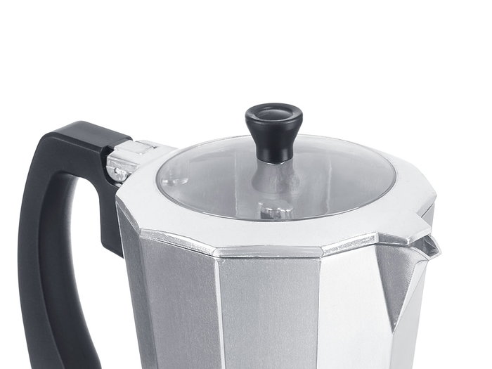 Kinvara Cafetera de Aluminio para 9 Tazas (360ml), Tapa Transparente, Color Plata, Dimensiones 18.5x21x11 cm (Set de 6)