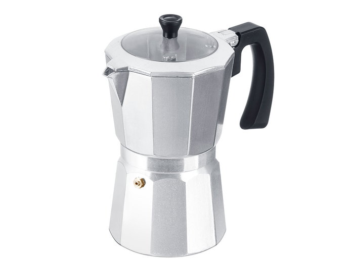 Kinvara Cafetera de Aluminio para 9 Tazas (360ml), Tapa Transparente, Color Plata, Dimensiones 18.5x21x11 cm (Set de 6)