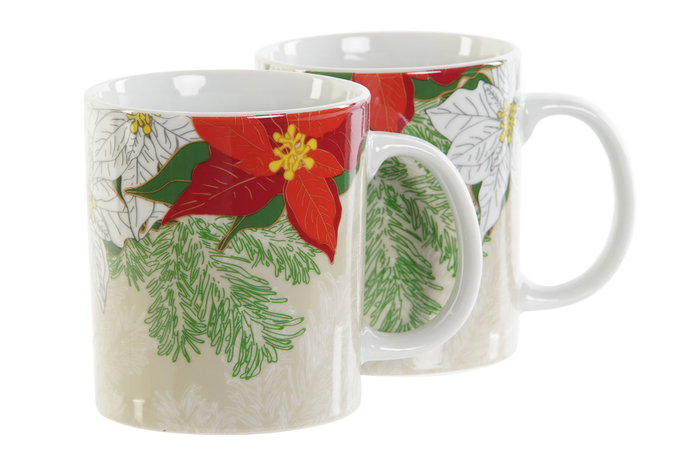 DKD Home Decor Set de 12 Tazas de Porcelana con Diseño Floral, Beige y Rojo