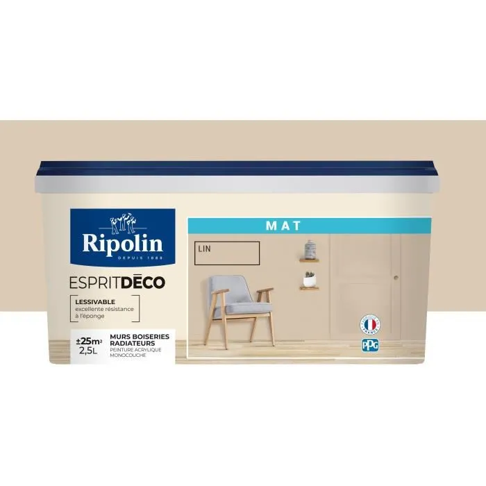 Ripolin Pintura Interior Monocapa Matt Linen 2.5L - Muy Cubriente para Paredes, Carpintería y Radiadores