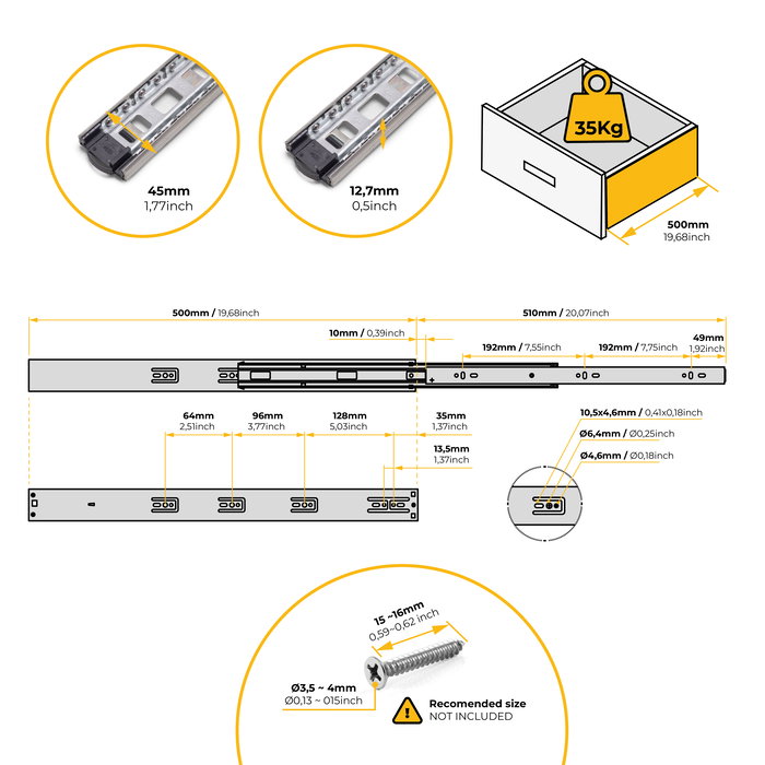 Emuca Lote de 5 juegos de guías para cajones, de bolas, altura 45mm, profundidad 500mm, extracción total, cierre suave, Cincado