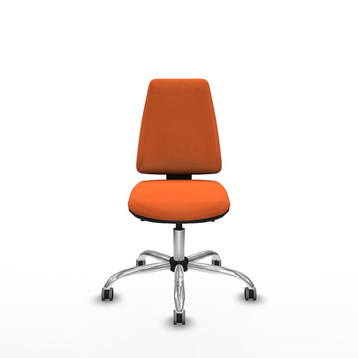 Silla de oficina Elche con mecanismo Asincro tapizada con Tela color Naranja. Equipada con Base cromada, Sin brazos y Ruedas 65 mm parqué