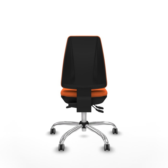 Silla de oficina Elche con mecanismo Asincro tapizada con Tela color Naranja. Equipada con Base cromada, Sin brazos y Ruedas 65 mm parqué