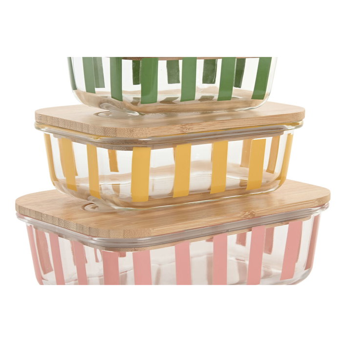 DKD Home Decor Set de 3 Recipientes de Cristal con Rayas Verde, Amarillo y Coral