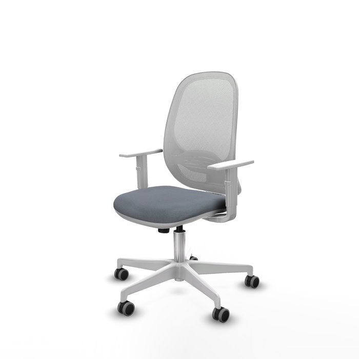 Silla de oficina Cilanco con mecanismo Sincro tapizada con Tela color Gris y malla color Blanco. Equipada con lumbar 1D, Reposabrazos blancos y Ruedas 65mm engomadas.
