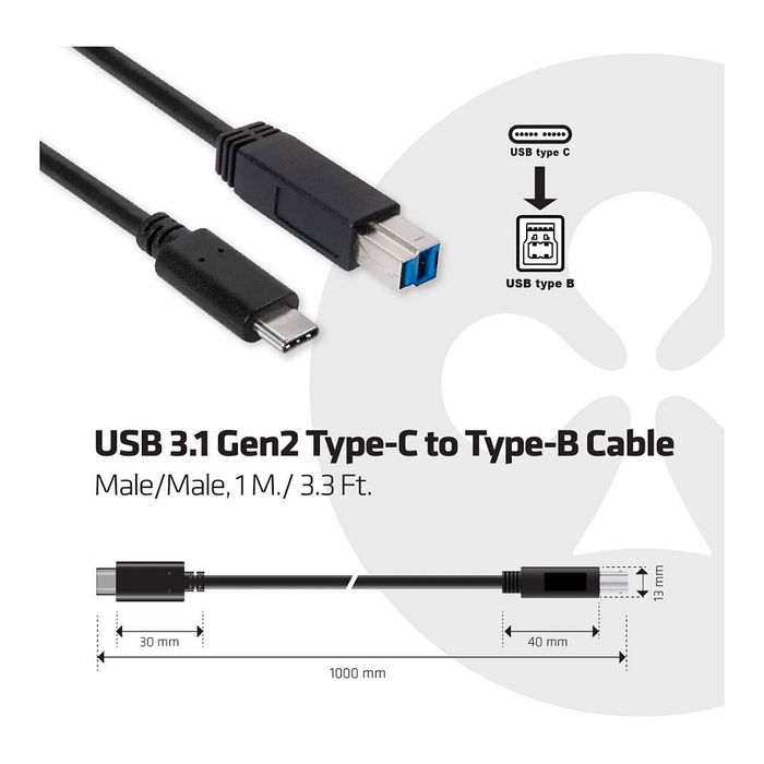 Club 3D Cable USB 3.1 Tipo C a Tipo B de 1 metro, Conectores de Acero Inoxidable